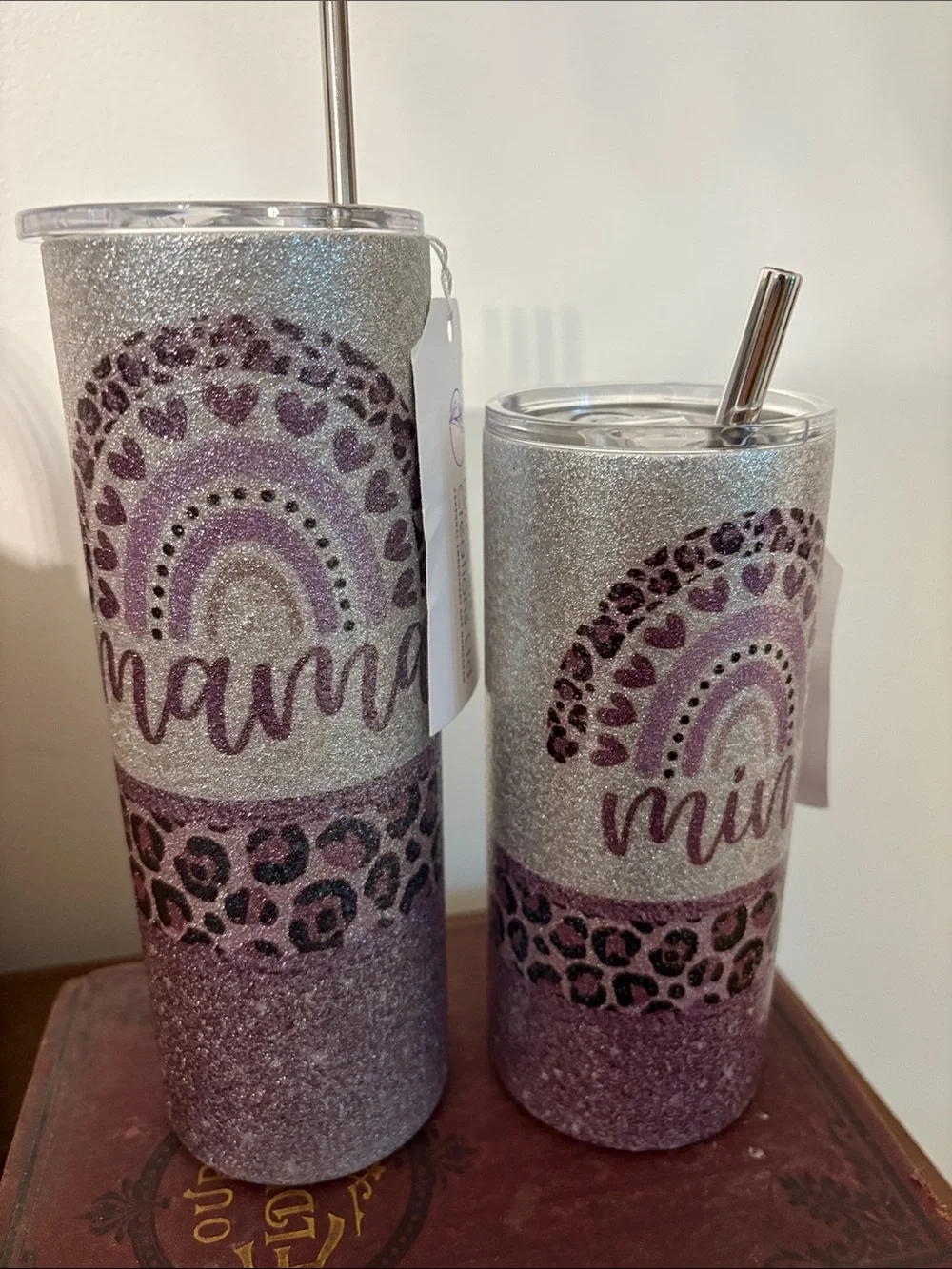 NWT Glitter Purple Mama & Mini Tumbler Set - Sparkle Rainbow Design